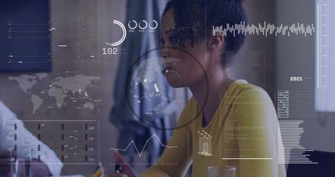 Leading woman guiding team through interactive data dashboards and ar analytics