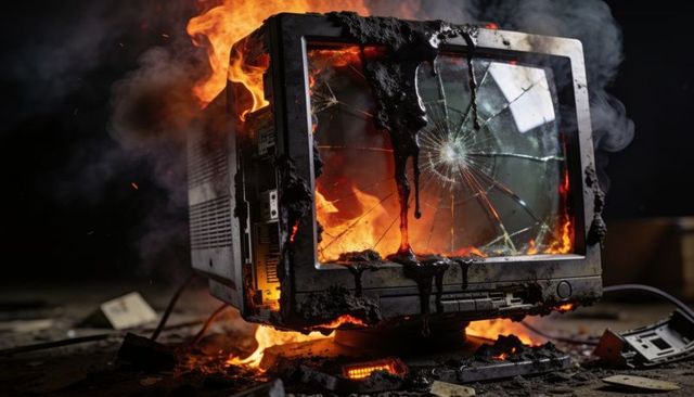 Burning vintage crt monitor sending flames and smoke with cracked glass and charred casing