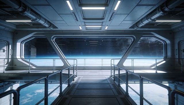 Orbital station observation walkway overlooking earth horizon through panoramic window