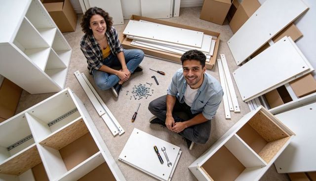 Young couple assembling flatpack furniture on carpet, smiling and collaborating together