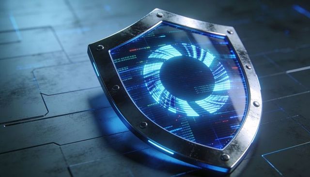 Holographic Cyber Shield Displaying Rotating Data Ring Protecting Digital Network