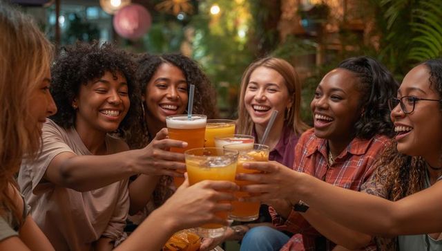 Diverse friends toasting with orange cocktails on lush garden patio