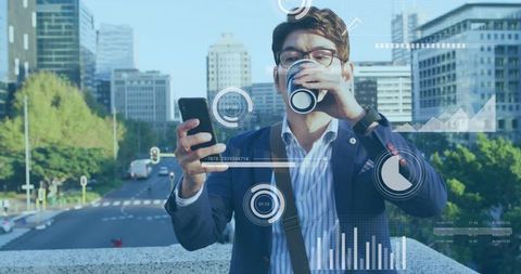 Executive Checking Smartphone While Drinking Coffee on City Balcony with Data HUD and Analytics