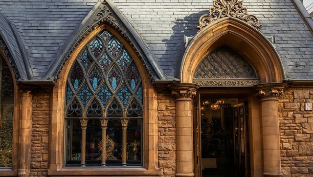 Gothic sandstone facade showcasing pointed stained glass window, ornate arched entrance