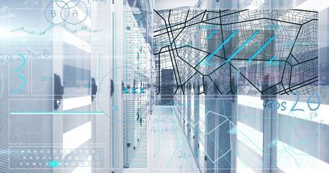 Futuristic data center with holographic overlays