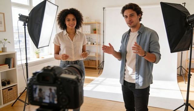 Multicultural creators hosting video shoot in bright home studio with softbox lighting