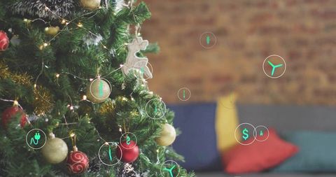 Living room christmas tree glowing with warm lights and augmented reality holiday icons