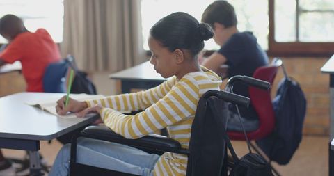 Girl in Wheelchair Concentrating on Schoolwork in Classroom