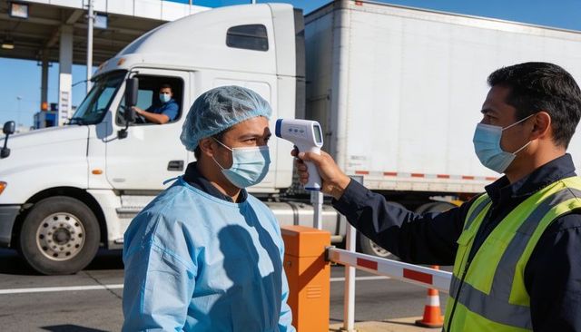 Health screener checking truck driver temperature at highway checkpoint during pandemic