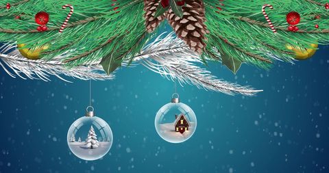 Festive Christmas Fir Tree and Baubles on Snowy Background