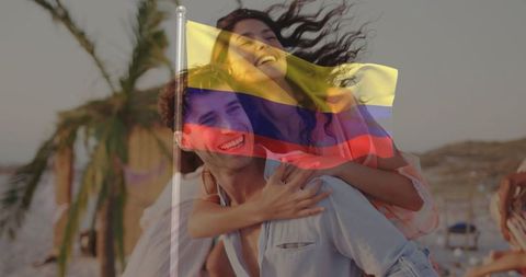 Joyful Couple Celebrating Day at Tropical Beachfront