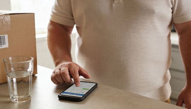 Man Touching Smartphone on Kitchen Counter Next to Delivery Box and Glass of Water