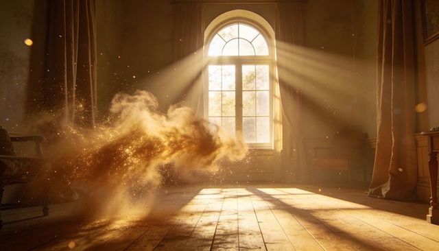 Swirling golden dust cloud floating through sunbeams in vintage parlor with arched window