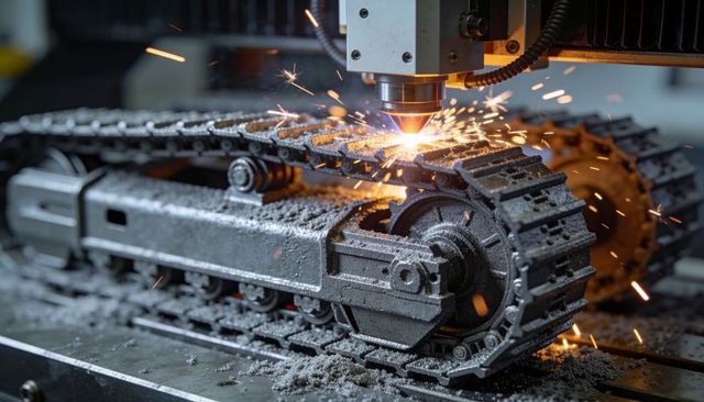 Cnc laser cutting tracked chassis producing sparks during industrial metal fabrication