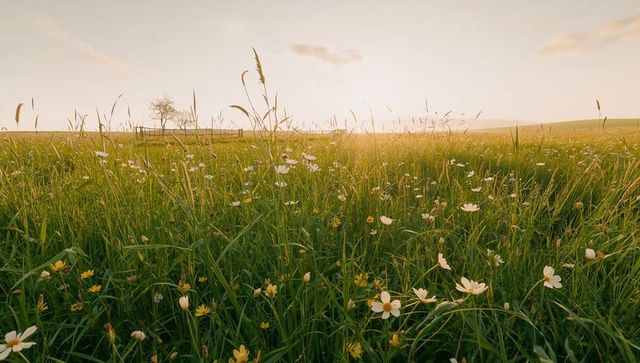 Golden-hour wildflower meadow with backlit daisies and rustic fence