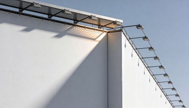 Blank rooftop billboard under dramatic diagonal shadow with row of floodlights, minimal architecture