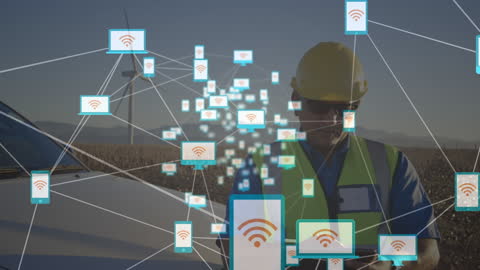 Engineer Overseeing Renewable Energy Project with Network Overlay