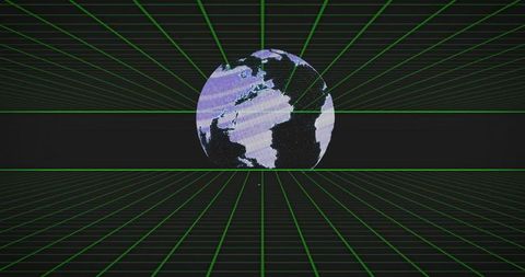 Digital globe spinning on green grid background