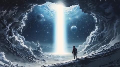 Astronaut Exploring Cosmic Cave with Radiant Beam