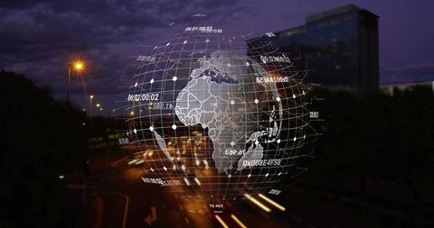 Digital Globe Hologram Over Night Traffic With Gridlines and Data Coordinates