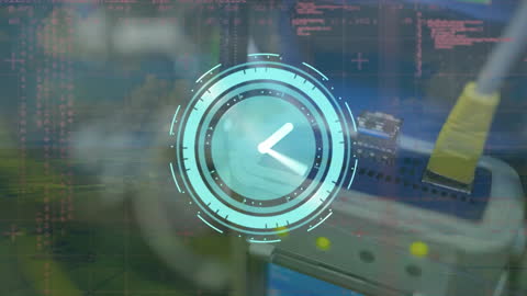 Digital Clock Overlay on High-Tech Data Processing and Router