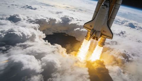 Space shuttle ascending through clouds with fiery booster plumes and dramatic cloud hole