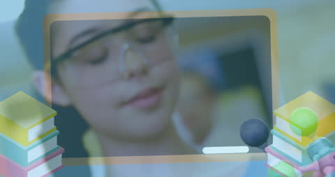 Schoolgirl in Science Lab with Educational Animation Elements