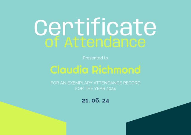 Ideal for recognizing outstanding attendance in corporate or educational settings. Features a modern and minimalist design with a professional color scheme. Ready to be personalized with the attendee's name and date. Suitable for schools, universities, businesses, and special events.