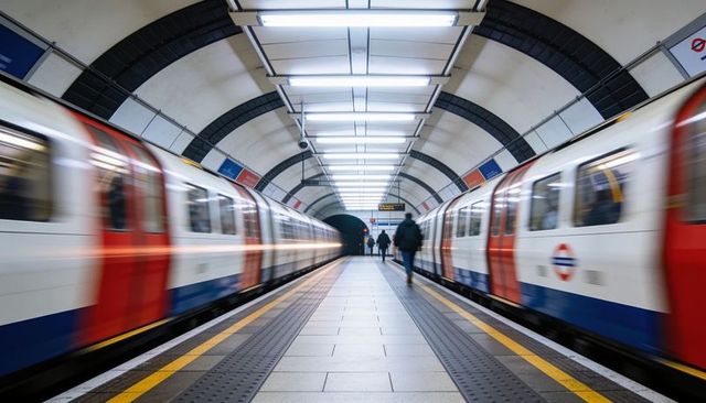 Commuters walking between passing london underground trains creating motion blur