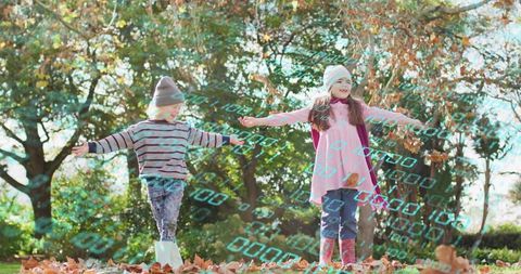 Children Playing in Autumn Park with Futuristic Binary Data Overlay