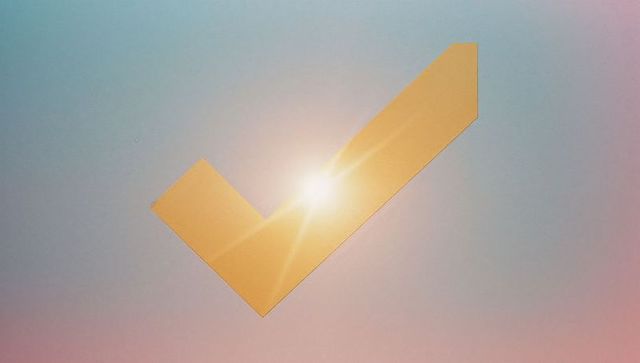 Golden 3D Check Mark with Sunburst on Pastel Background