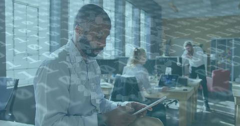 Businessman Engaging with Digital Data in Modern Office
