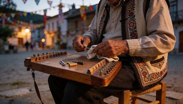 Senior musician tuning hammered dulcimer in embroidered vest on cobblestone at dusk