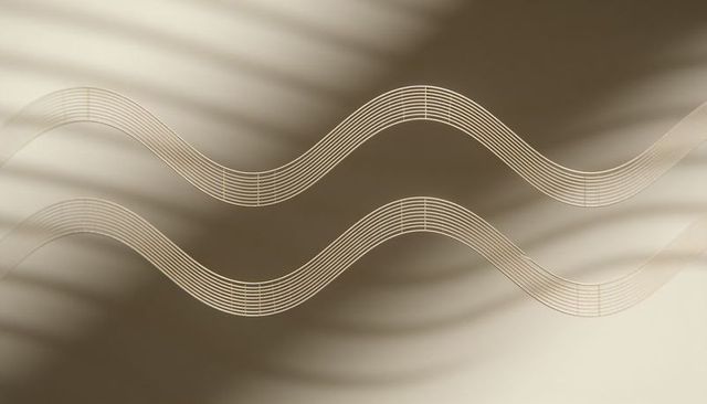 Flowing cream and gold wave ribbons on warm beige background with slatted shadow lines