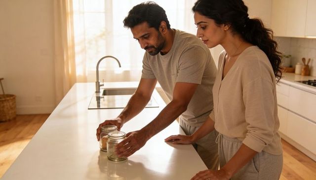 Sunlit modern kitchen couple organizing glass jars on island in casual loungewear