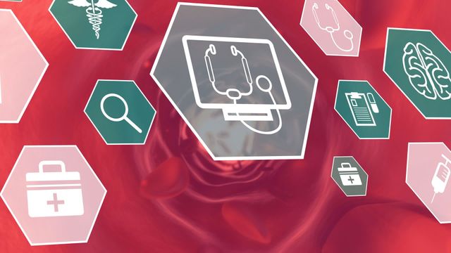 Animated depiction of medical icons floating over a representation of blood flow, symbolizing advanced healthcare technology and research. Useful for illustrating concepts in medical articles, educational materials, or healthcare presentations focusing on technology integration in medicine.