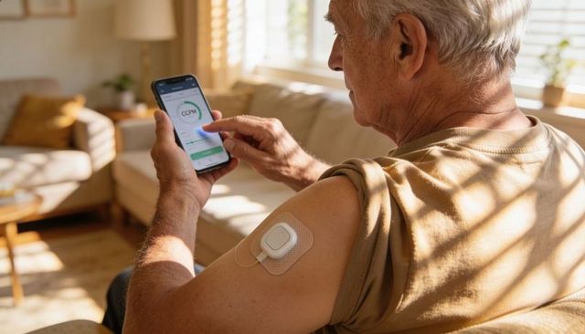 Senior monitoring health app with wearable patch on arm in sunlit living room