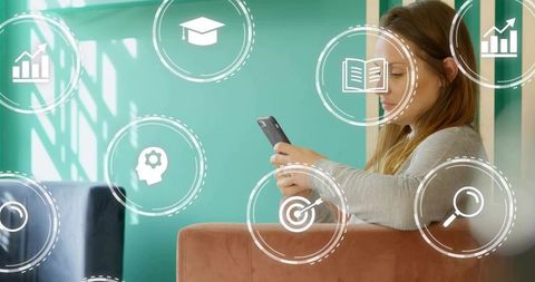 Woman Tapping Smartphone in Lounge for Mobile Learning, Analytics and Productivity