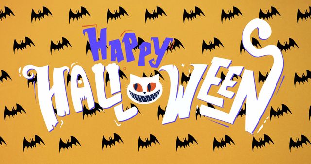 Bright and colorful Happy Halloween text with playful black bat graphics across orange background. Perfect for promoting Halloween events, decorating Halloween-themed newsletters or cards, and enhancing holiday-related social media posts.