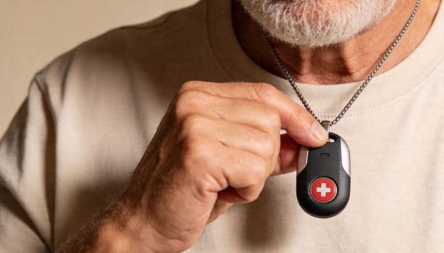 Senior man holding medical alert pendant with red cross close-up of hand and necklace