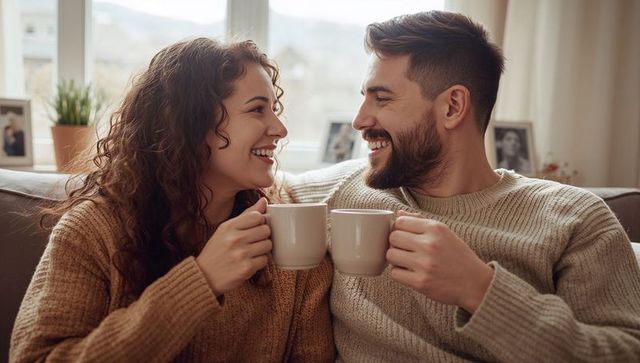 Couple enjoying coffee on cozy couch in sunlit home, sharing warm smiles