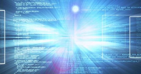 Pulsing digital burst radiating neon cyan data streams, code columns and ui frames