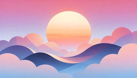 Glowing sunrise over layered pastel hills with scalloped clouds in minimal paper-cut style