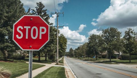 Red stop sign standing at suburban neighborhood street with tree-lined lawns and blue sky