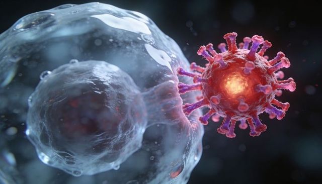 Red virus particle attaching to cell membrane with glowing core and spike proteins