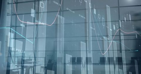 Composite of statistical graphs overlaying a modern office