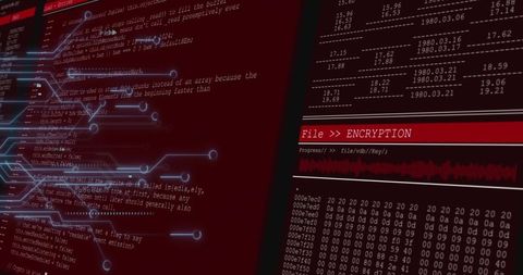 Dual-panel cybersecurity console showing encryption header, hex dump, code and neon traces