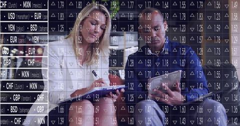 Business colleagues collaborating over tablet and clipboard with currency ticker overlay