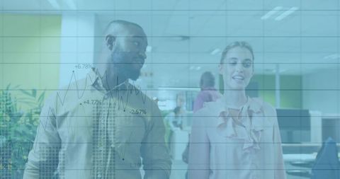 Corporate professionals discussing strategy with financial chart overlay