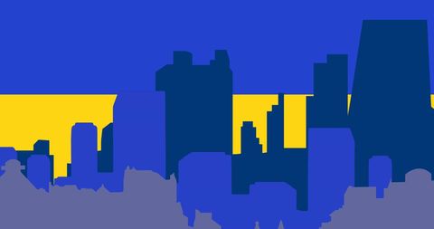 Abstract cityscape silhouettes over ukrainian flag colors